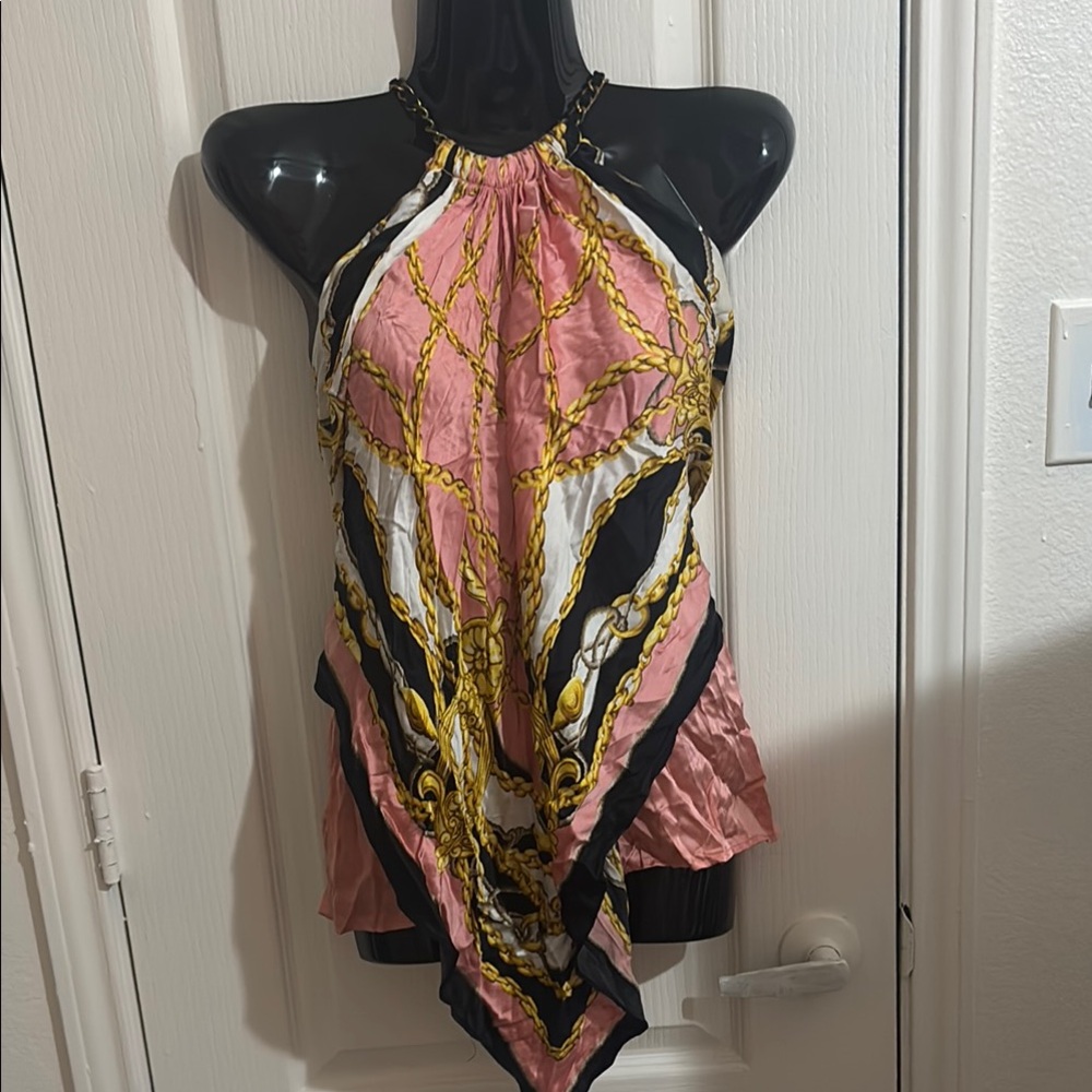Y2K Pink and Gold Bandana Chain Halter Top
